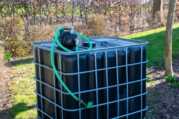 Vernieuwde zwarte watertank van 1000 liter met gegalvaniseerde kooi, pomp, aftapkraan en onderstel in metaal of kunststof. zijaanzicht-vooraanzicht-met-uitgaande-slang
